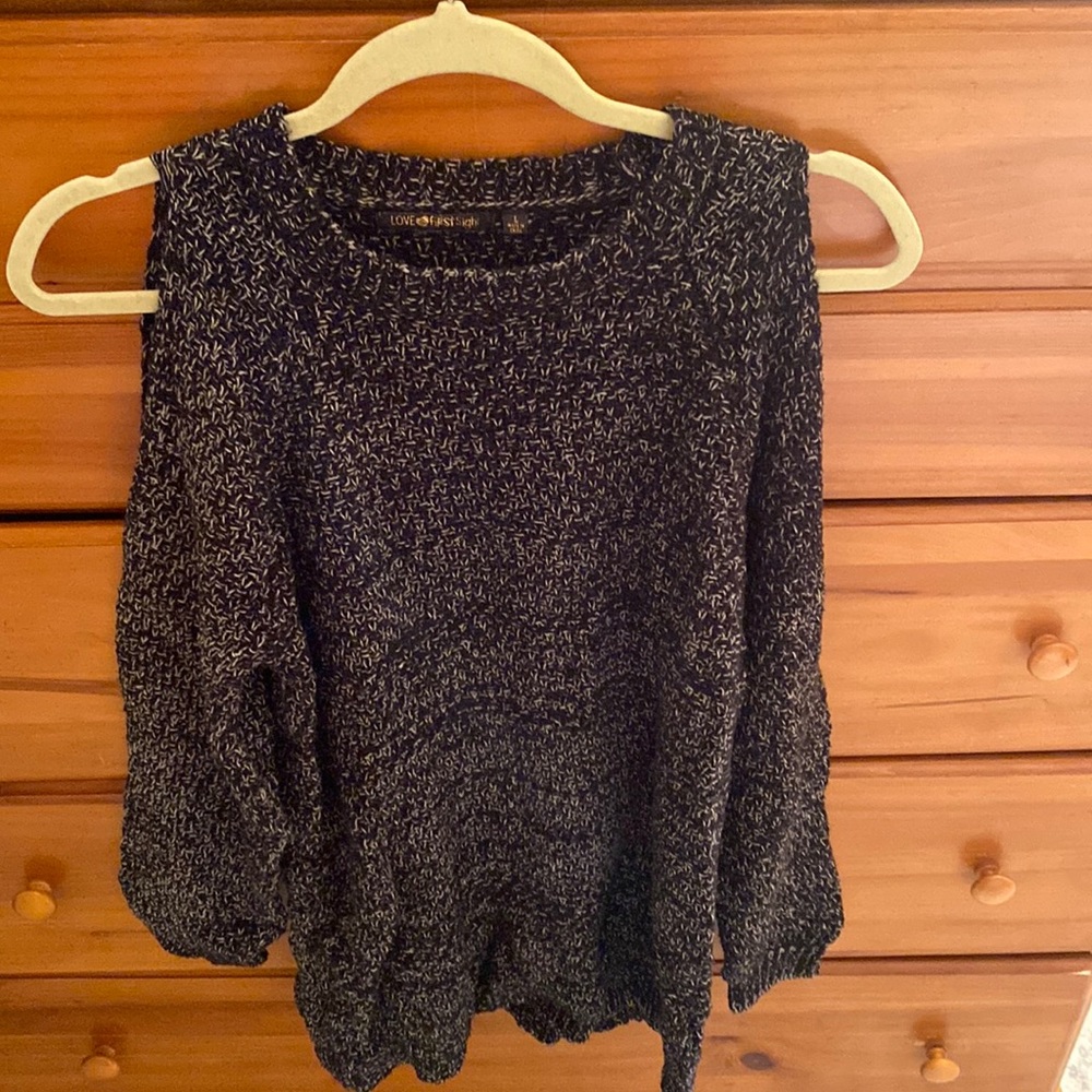 Marled black and white shoulder cut out sweater